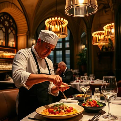 Fotografía de un chef de cocina preparando un plato en un restaurante de alta cocina en el barrio Gótico de Barcelona.